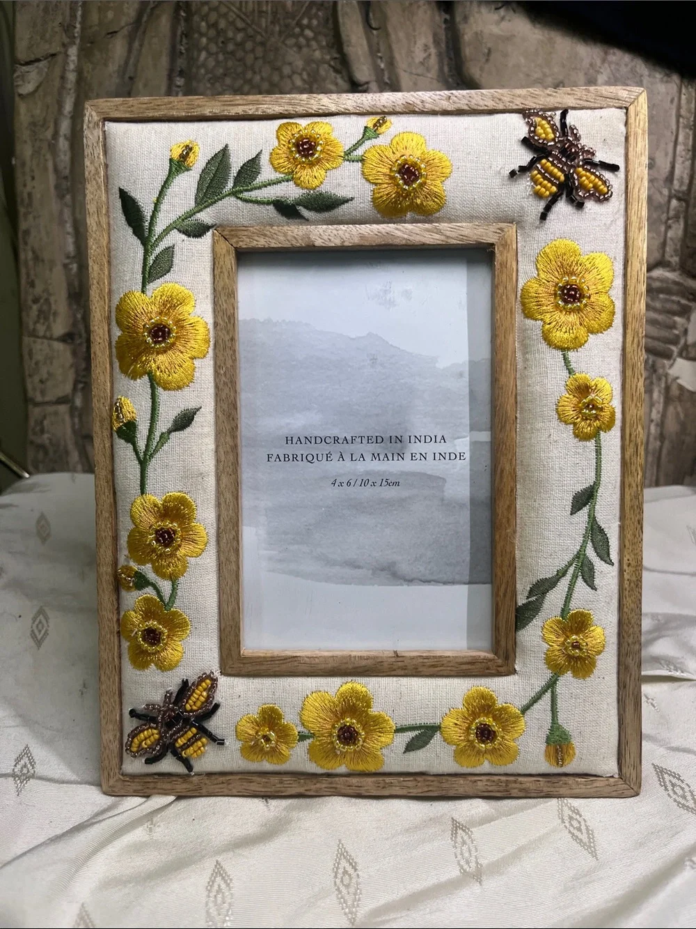 Handcrafted Embroidered Beaded Flower & Bumblebee 4”x6” Photo Picture Frame